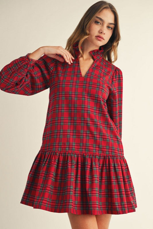 HOLIDAY READY RED PLAID RUFFLE HEM DRESS WITH POCKETS
