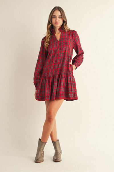 HOLIDAY READY RED PLAID RUFFLE HEM DRESS WITH POCKETS