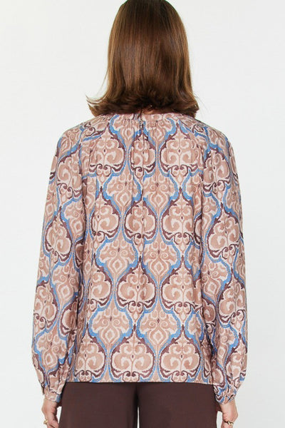 Paisley print blouse with V-neck and balloon sleeves.