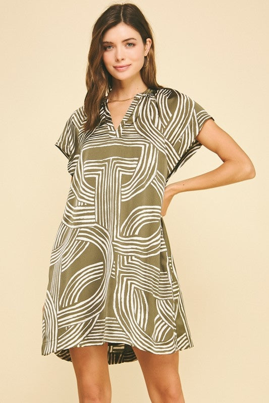 ARTFULLY ABSTRACT PRINT V-NECK DRESS