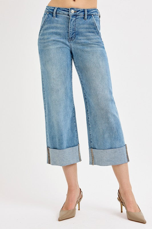 TUMMY CONTROL HIGH RISE ANKLE WIDE CUFFED JEANS
