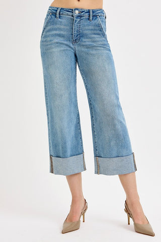 TUMMY CONTROL HIGH RISE ANKLE WIDE CUFFED JEANS
