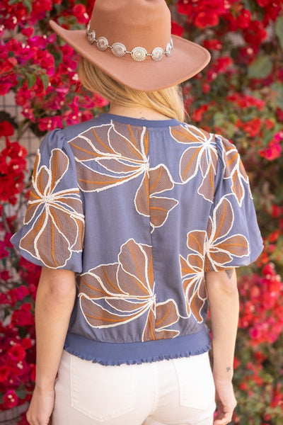 CASUAL AND FLATTERING FLORAL EMBROIDERED BUBBLE SLEEVE TOP