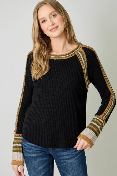 Raglan Sleeve Trim Detail Sweater Top in black waffle-knit with contrast crochet trim and striped cuffs.