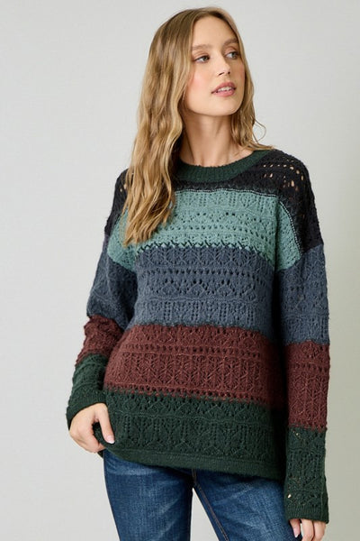 STYLISH AND COZY COLOR BLOCKED POINTELLE SWEATER