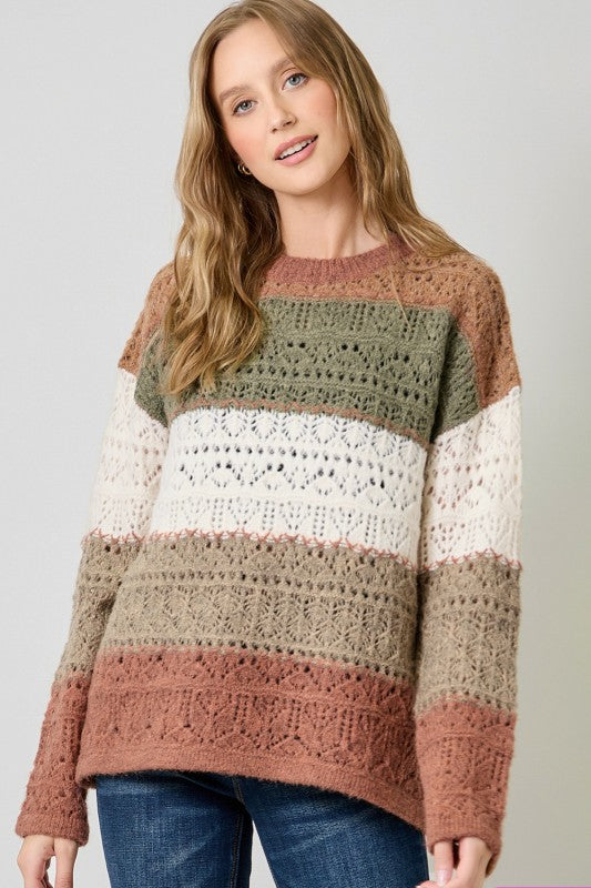 STYLISH AND COZY COLOR BLOCKED POINTELLE SWEATER