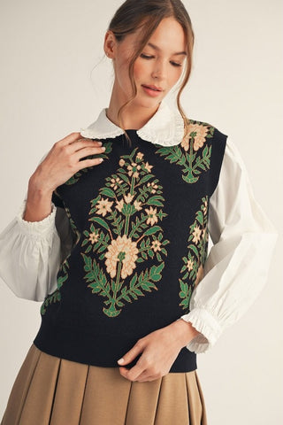 CHARMING AND COZY FLORAL PATTERN SWEATER VEST