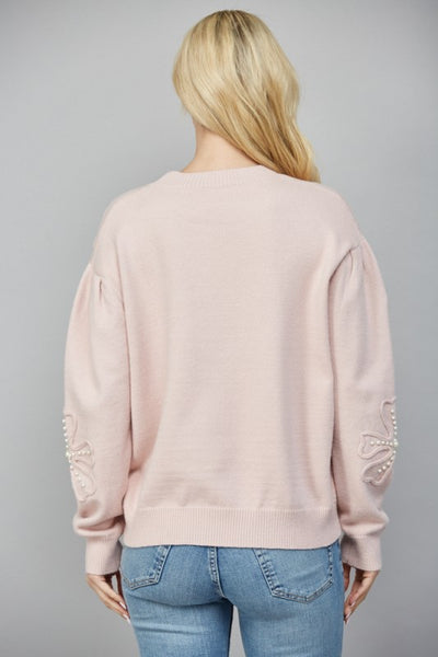 CHIC AND COZY FLORAL APPLIQUE PEARL EMBELLISHED KNIT SWEATER