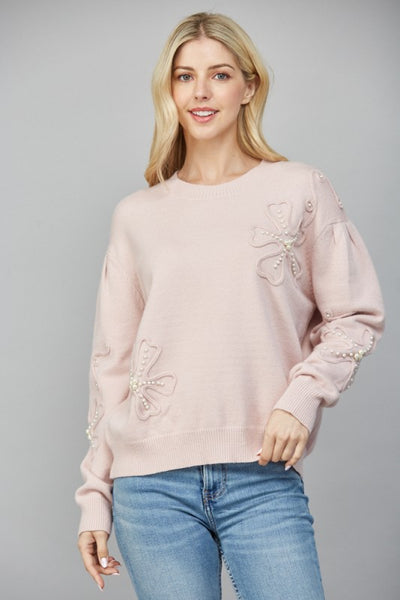 CHIC AND COZY FLORAL APPLIQUE PEARL EMBELLISHED KNIT SWEATER