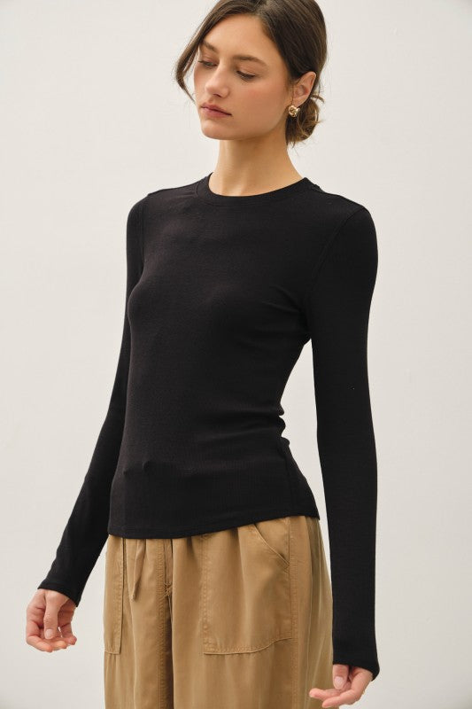 ESSENTIAL RIBBED CREWNECK LONG SLEEVE BASIC TOP