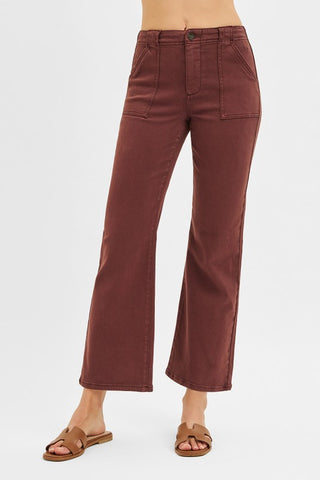 HIGH RISE ANKLE FLARE PATCH POCKET JEANS