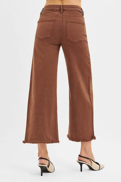 TUMMY CONTROL HIGH RISE CROP WIDE JEANS- CHOCOLATE