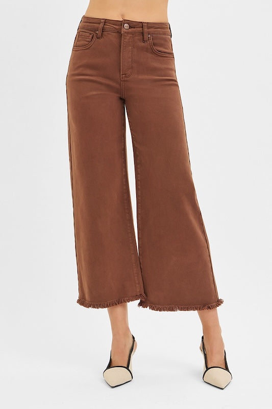 TUMMY CONTROL HIGH RISE CROP WIDE JEANS- CHOCOLATE