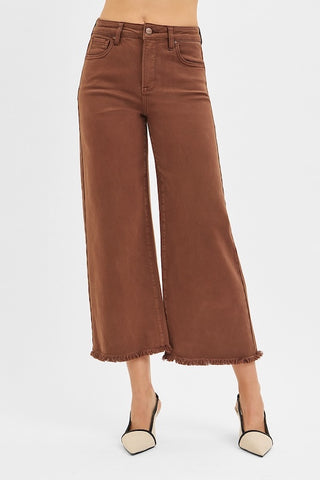TUMMY CONTROL HIGH RISE CROP WIDE JEANS- CHOCOLATE