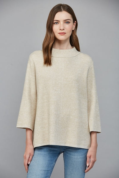 Cream and gold metallic mock neck sweater with ¾ bell sleeves and relaxed fit.