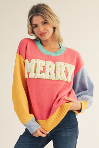 COZY AND COLORFUL 'MERRY' COLOR BLOCK SWEATER