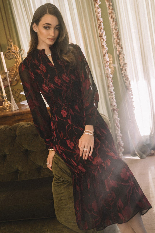 ELEGANT AND CHARMING FLORAL JACQUARD TIERED DRESS