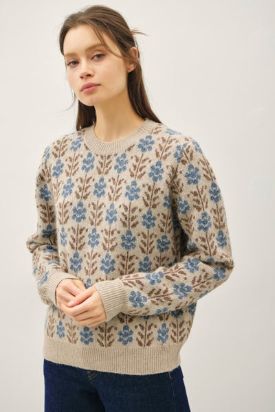 CHARMING AND COZY VINTAGE FLORAL JAQUARD SWEATER