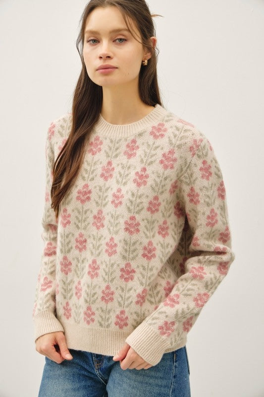 CHARMING AND COZY VINTAGE FLORAL JAQUARD SWEATER