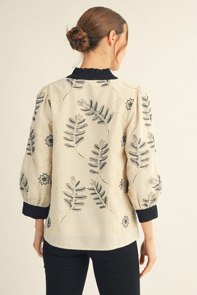 CHARMING AND DELICATE EMBROIDERED 3/4 SLEEVE TOPT