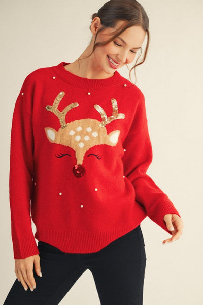 FESTIVE AND FUN SEQUINS AND PEARL ACCENT REINDEER SWEATER