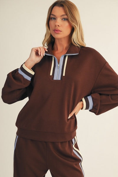 ELEVATED AND CASUAL COLORBLOCK TRIM DETAIL  ZIP UP SWEATSHIRT