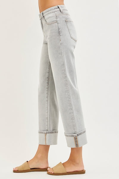 MID RISE CROP STRAIGHT JEAN WITH CUFF - LIGHT GREY