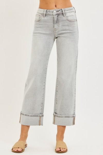 MID RISE CROP STRAIGHT JEAN WITH CUFF - LIGHT GREY