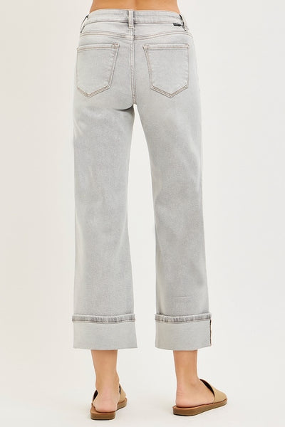 MID RISE CROP STRAIGHT JEAN WITH CUFF - LIGHT GREY