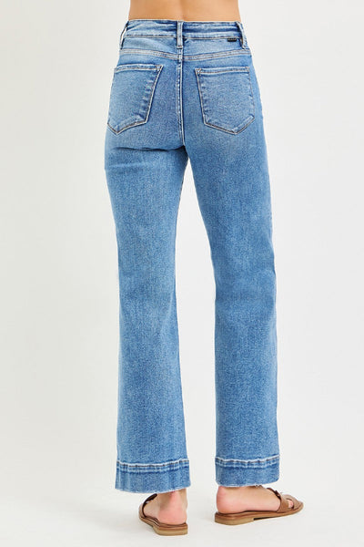 risen jeans tummy control, medium wash straight jeans, flattering high waist jeans, stretch straight leg denim, risen jeans women, high rise jeans with tummy control