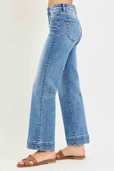 risen jeans tummy control, medium wash straight jeans, flattering high waist jeans, stretch straight leg denim, risen jeans women, high rise jeans with tummy control