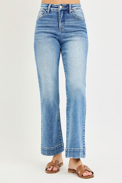 risen jeans tummy control, medium wash straight jeans, flattering high waist jeans, stretch straight leg denim, risen jeans women, high rise jeans with tummy control