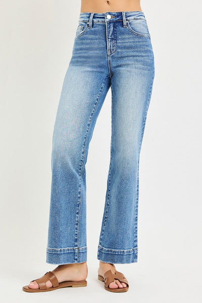 risen jeans tummy control, medium wash straight jeans, flattering high waist jeans, stretch straight leg denim, risen jeans women, high rise jeans with tummy control