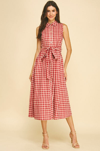 Gingham Check Button Down Midi Dress in red and white check print, front view, featuring classic collar, button-down front, self-tie belt, and A-line midi length, styled with nude strappy heels