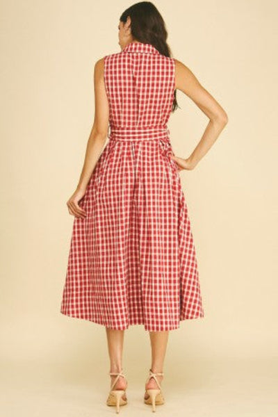 Gingham Check Button Down Midi Dress in red and white check print, back view, showing A-line midi silhouette, self-tie belt, and sleeveless design, styled with nude strappy heels.