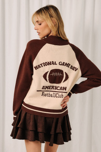 game day cardigan women, football graphic cardigan, varsity cardigan women, colorblock button down cardigan, intarsia knit cardigan, tailgate outfit women, football sweater women, Sunday Edition cardigan, OWJ1055, collegiate cardigan