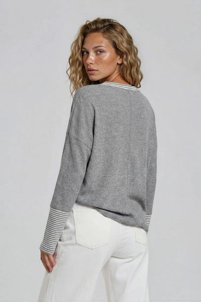 Gilli contrast stripe sweater, ribbed knit pullover women, heather grey knit top, contrast tipped sweater, crew neck knit top women, long sleeve knit top, relaxed knit pullover, grey and white stripe sweater, Gilli ET2789, minimalist knit top women