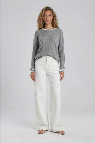 Gilli contrast stripe sweater, ribbed knit pullover women, heather grey knit top, contrast tipped sweater, crew neck knit top women, long sleeve knit top, relaxed knit pullover, grey and white stripe sweater, Gilli ET2789, minimalist knit top women
