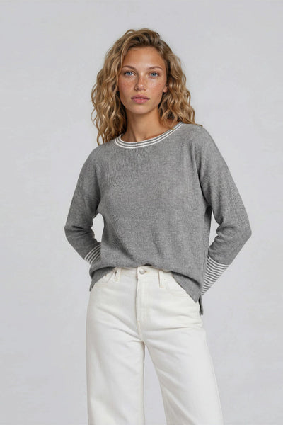 Gilli contrast stripe sweater, ribbed knit pullover women, heather grey knit top, contrast tipped sweater, crew neck knit top women, long sleeve knit top, relaxed knit pullover, grey and white stripe sweater, Gilli ET2789, minimalist knit top women