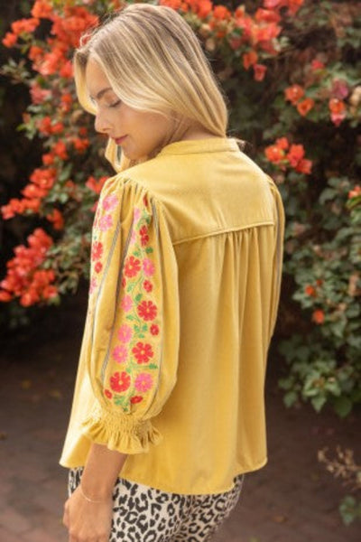 mustard embroidered blouse
floral embroidered peasant top
corduroy puff sleeve blouse
boho embroidered top women
smocked sleeve blouse mustard
boutique embroidered blouse
floral embroidery corduroy top
women's peasant blouse mustard yellow
boho blouse with embroidered sleeves
ruffle cuff corduroy top