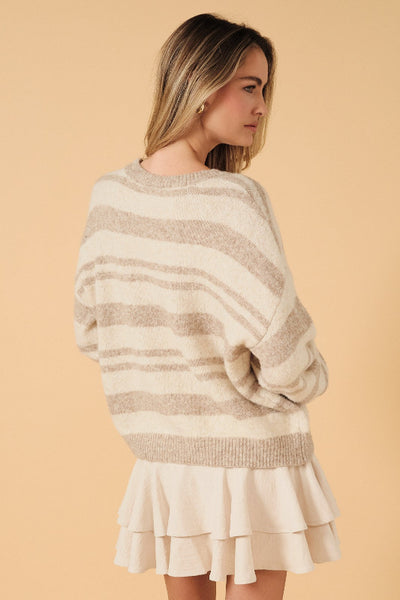 Back view of Sunday Edition neutral striped sweater with dropped shoulders;Sunday Edition neutral striped sweater
cream and taupe striped sweater
women’s slouchy crewneck sweater
relaxed fit striped knit sweater
drop-shoulder sweater for women
cozy neutral pullover sweater
cream striped sweater for fall
women’s soft knit striped sweater
casual striped sweater with ribbed hem
neutral sweater to wear with jeans