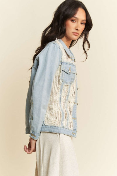 TIMELESS LACE CHEST POCKET BUTTON DOWN DENIM JACKET