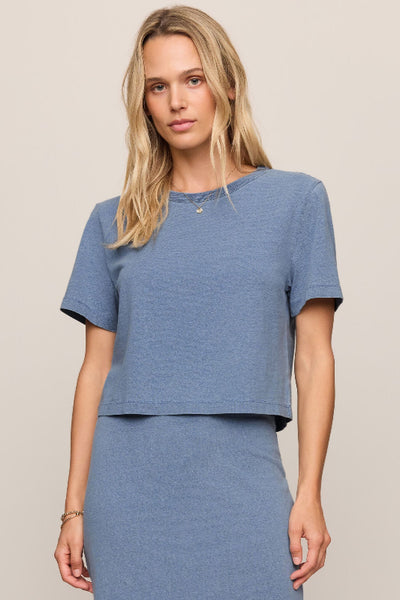 Z Supply cropped tee, jersey denim tee, boxy crop top women, 100% cotton crop tee, Z Supply Stellan tee, crew neck crop top, Santorini Indigo top, mineral wash tee,