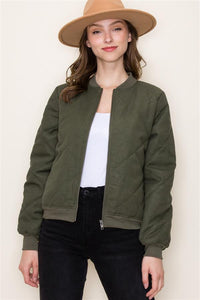 QUILTED FAUX SUEDE SNAP FRONT BOMBER JACKET