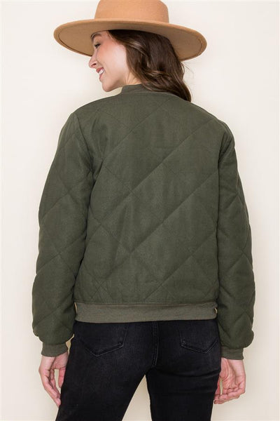 QUILTED FAUX SUEDE SNAP FRONT BOMBER JACKET