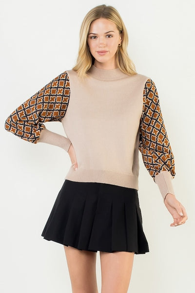 FALL VIBES MIX MEDIA KNIT TOP W/PATTERN SLEEVE DETAIL