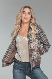 BEAUTIFUL EMBROIDERED HEAVY FLANNEL PLAID BOMBER JACKET