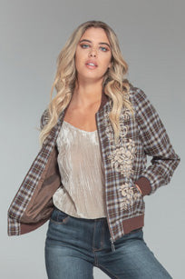 BEAUTIFUL EMBROIDERED HEAVY FLANNEL PLAID BOMBER JACKET