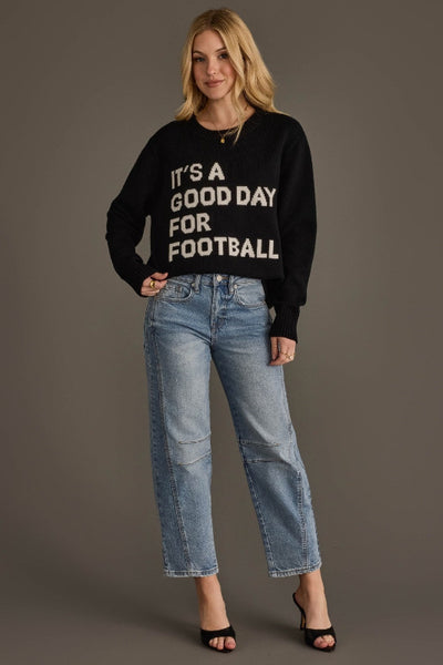 PANACHE, 100% acrylic;lack sweater with 'It's a Good Day for Football' text