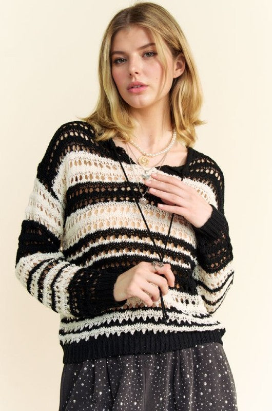CROCHET LONG SLEEVE LOOSE WEAVE PULLOVER SWEATER